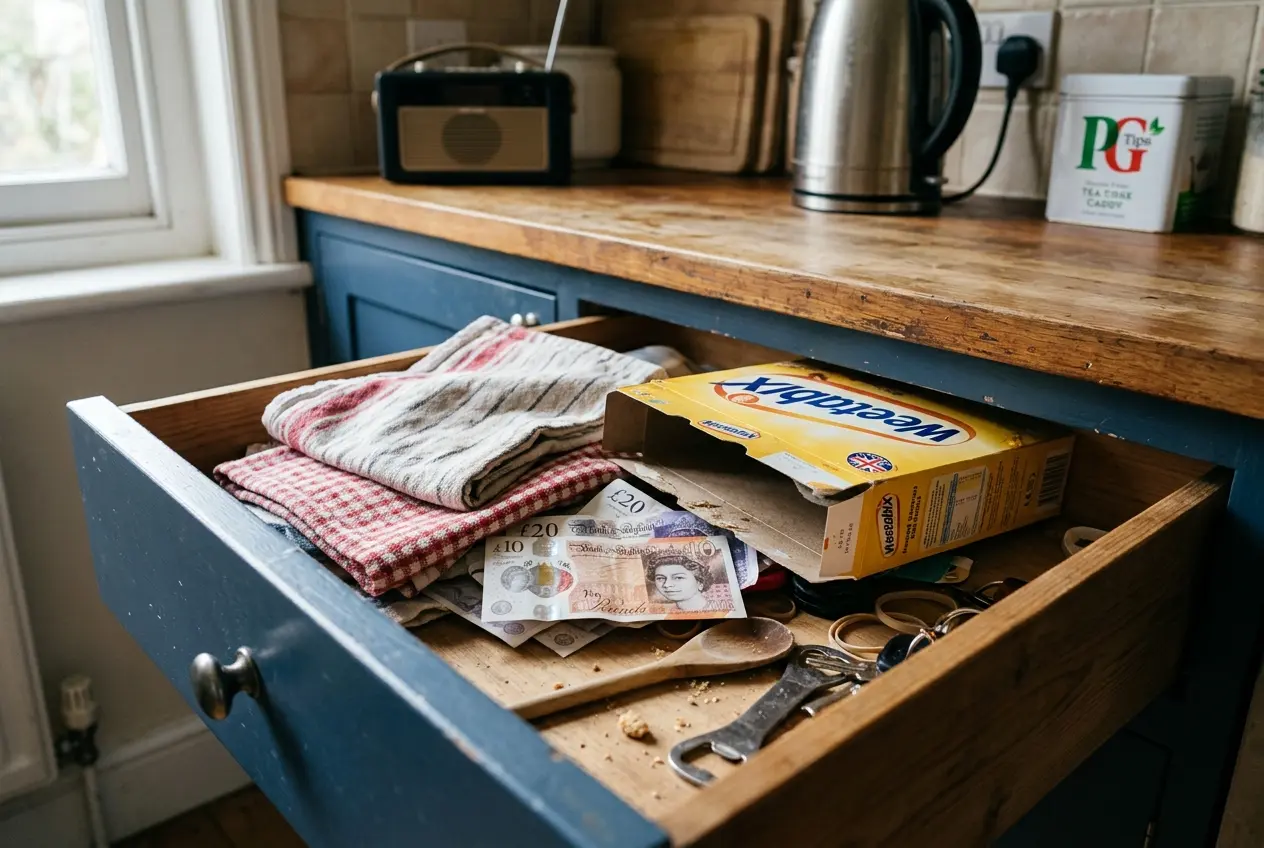 An open kitchen drawer with banknotes tucked under tea towels in a typical UK home